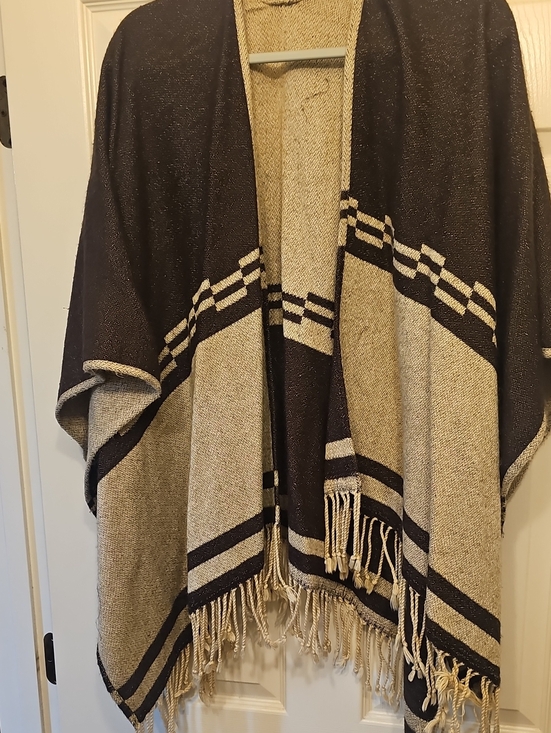 Other - Neutral Two-Tone Fringe Throw Poncho - Beige and Brown